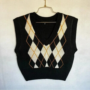 Argyle Sweater Vest Black/Multicolor V-Neck Soft Cozy Knitted